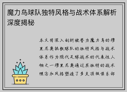 魔力鸟球队独特风格与战术体系解析深度揭秘